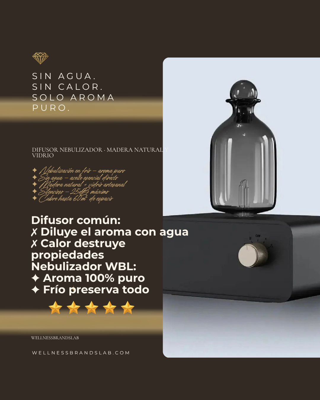 Difusores nebulizadores de aceites esenciales para aromaterapia, difusor de aceites de madera y vidrio con pilas para el hogar y la Oficina