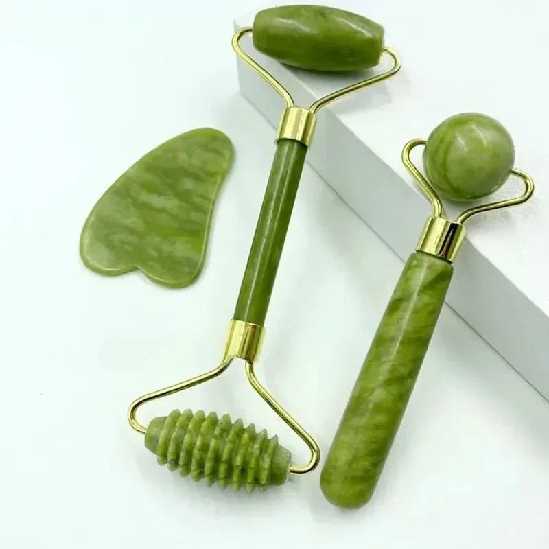 Masajeador de rodillo de jade Natural, tabla de raspado, rodillo de masaje de pies, levantamiento facial y piedra de jade raspadora de doble cabeza antiarrugas