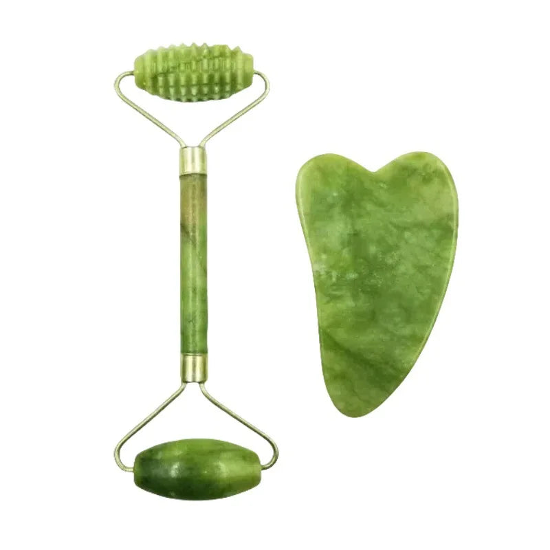 Masajeador de rodillo de jade Natural, tabla de raspado, rodillo de masaje de pies, levantamiento facial y piedra de jade raspadora de doble cabeza antiarrugas